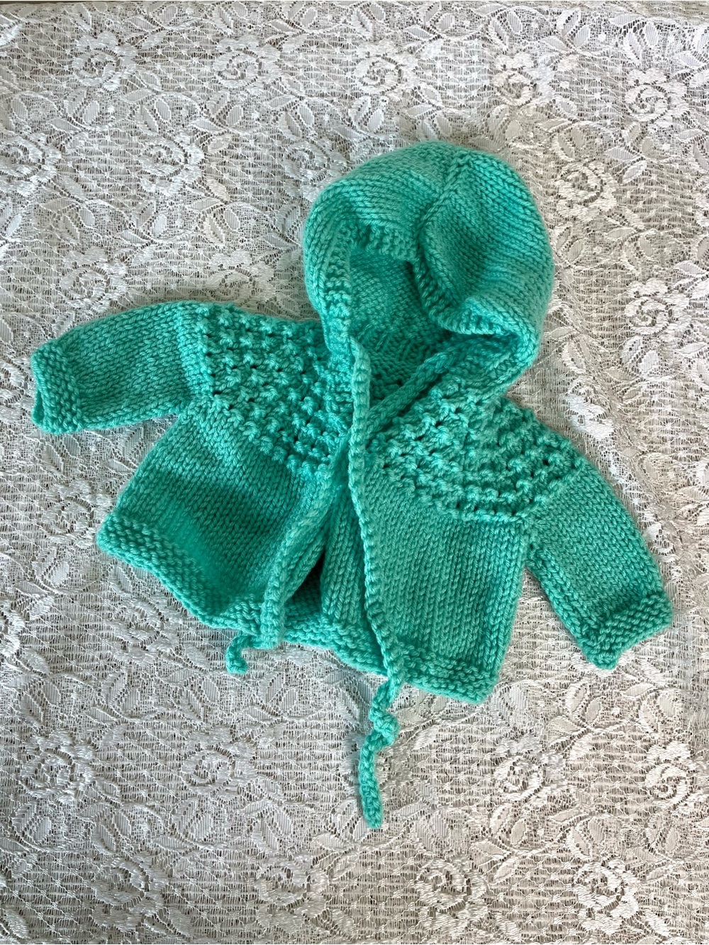 Vintage Handknit Teal 0-3months Hooded Cardigan